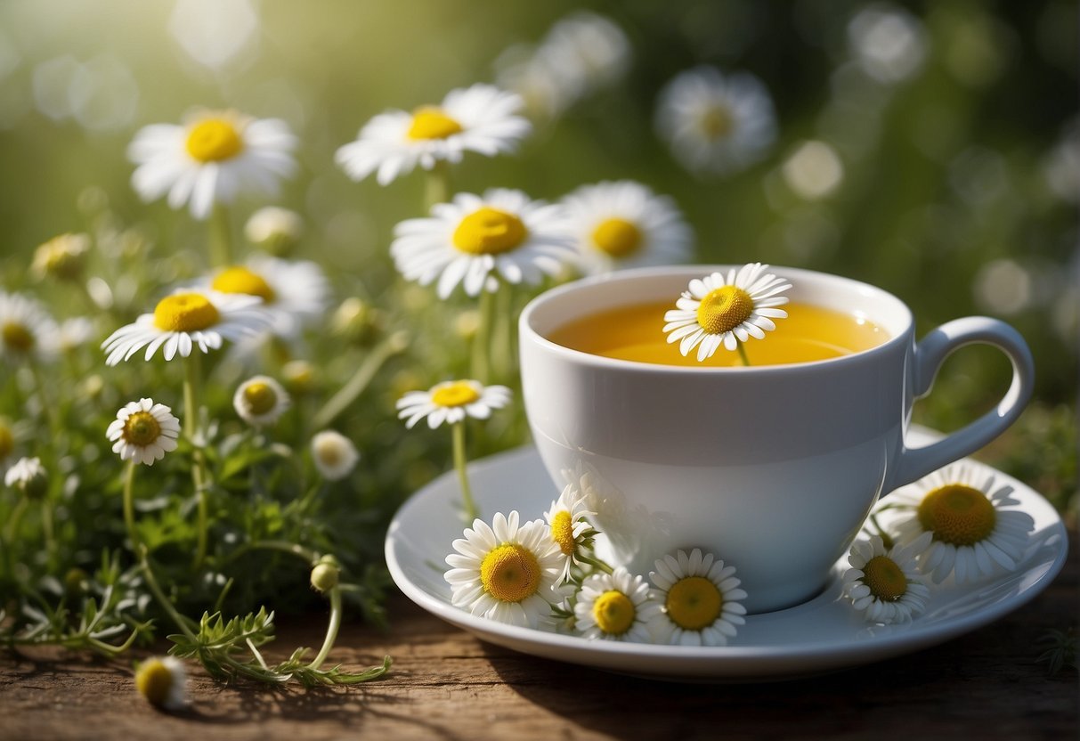 A variety of chamomile plants in full bloom, showcasing their different colors and sizes. A steaming cup of chamomile tea sits nearby, emitting a soothing, floral aroma