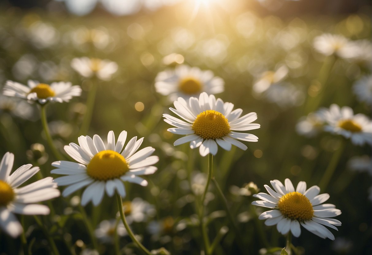 Sunlight bathes a field of chamomile flowers at peak ripeness. Their delicate petals release a sweet, honey-like aroma, hinting at the delicate, soothing flavor of chamomile tea