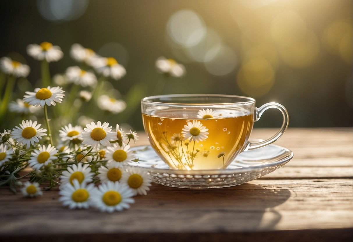 A clear teacup sits on a wooden table. Chamomile flowers float in the pale yellow liquid, emitting a soothing aroma. The tea has a delicate, floral taste with a hint of sweetness