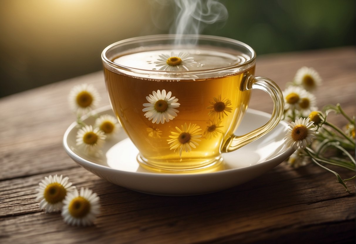 A cup of chamomile tea sits on a saucer, steam rising from the surface. The delicate aroma of chamomile fills the air, and the golden liquid appears inviting and soothing