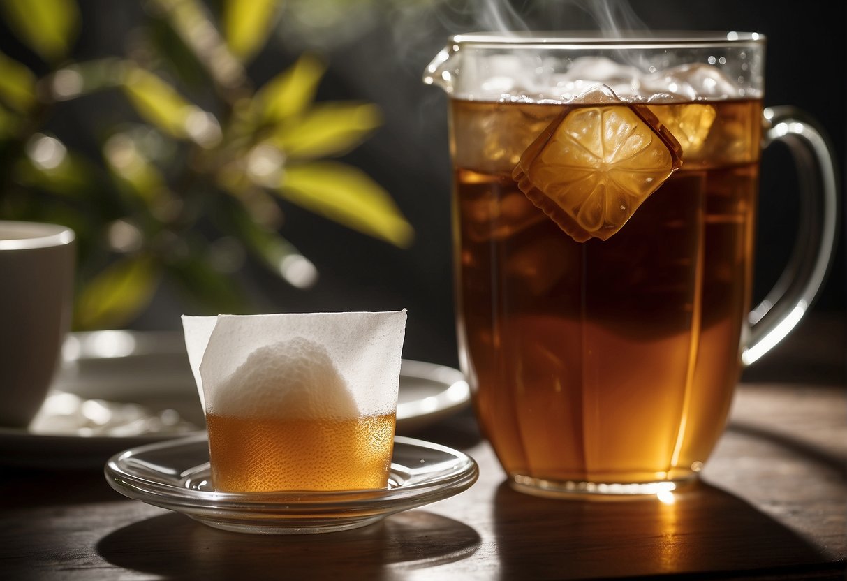 A glass of sweet tea sits on a table, with a tea bag and a sugar packet nearby. The steam rises from the tea, indicating its warmth