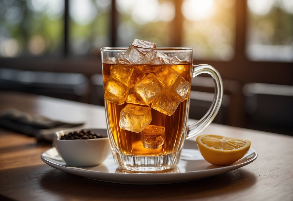 A glass of sweet tea with a caffeine molecule diagram in the background
