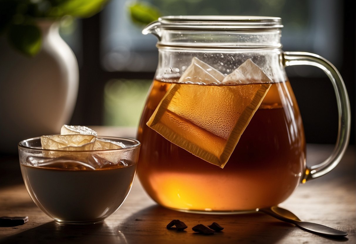 A glass pitcher filled with sweet tea, a pile of decaffeinated tea bags, and a measuring spoon to show the caffeine-free options for sweet tea