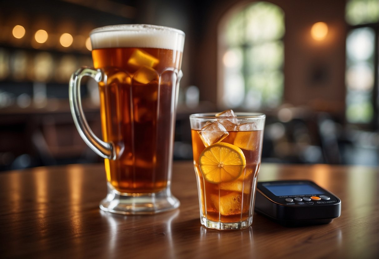 A glass of sweet tea sits on a table with a caffeine meter next to it, showing the amount of caffeine present in the tea