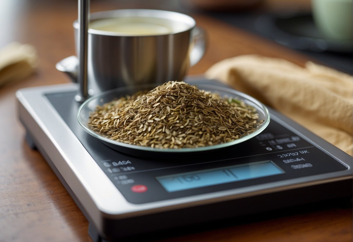 A tea bag is placed on a digital scale, showing the weight in grams. A ruler next to it measures the dimensions of the bag