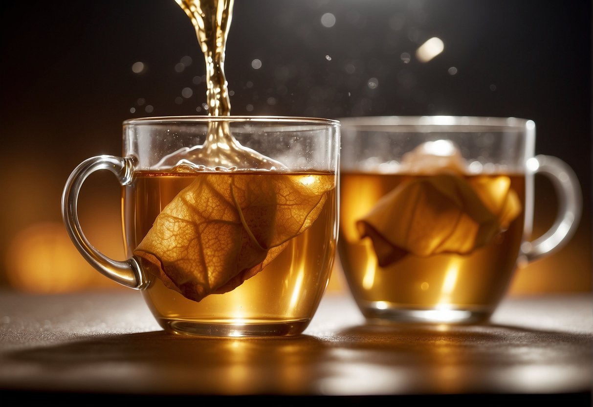 A tea bag is submerged in hot water, releasing its contents. The water turns a rich, golden color as the tea brews to its full strength