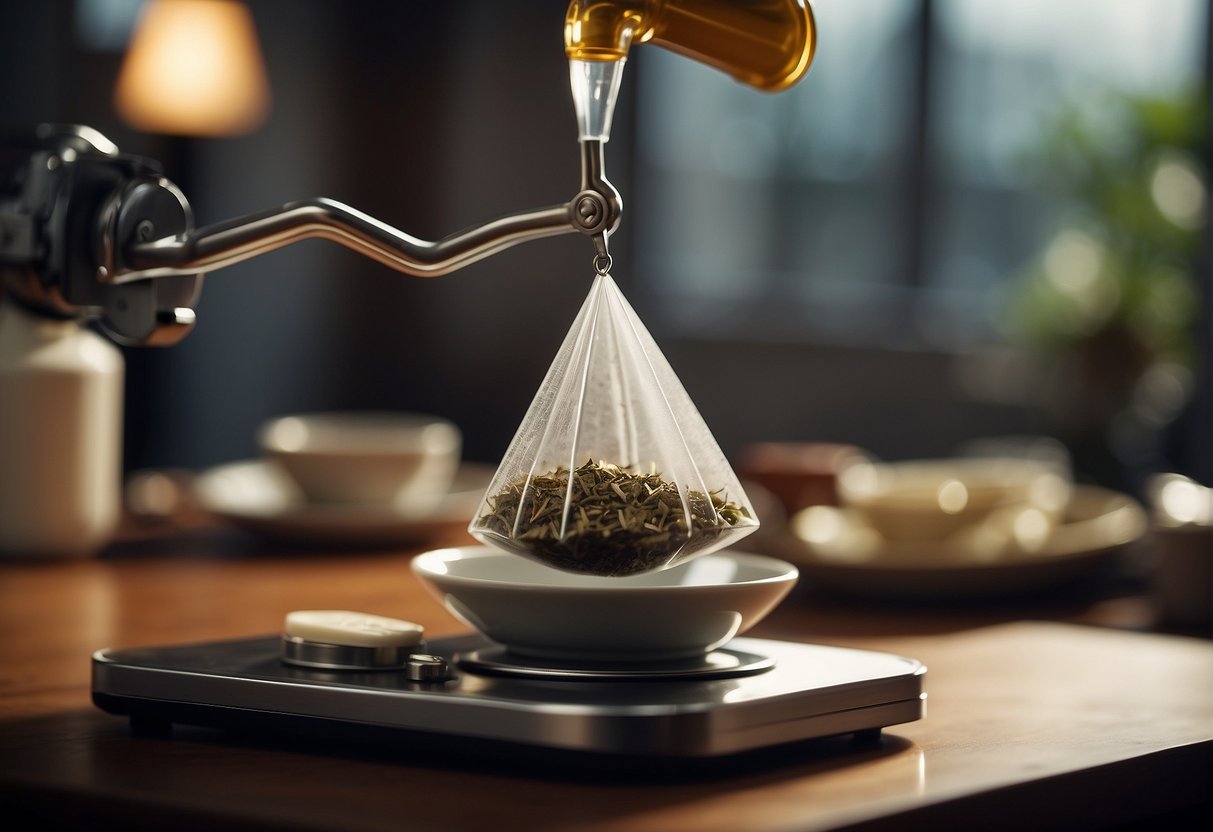A tea bag is being weighed on a scale to measure the amount of tea inside