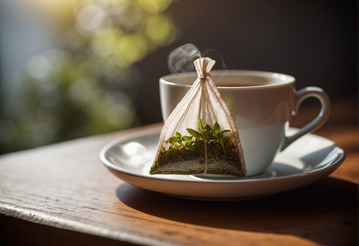 A tea bag sits in a cup, steeping in hot water. The string dangles over the edge, with the tag resting on the saucer