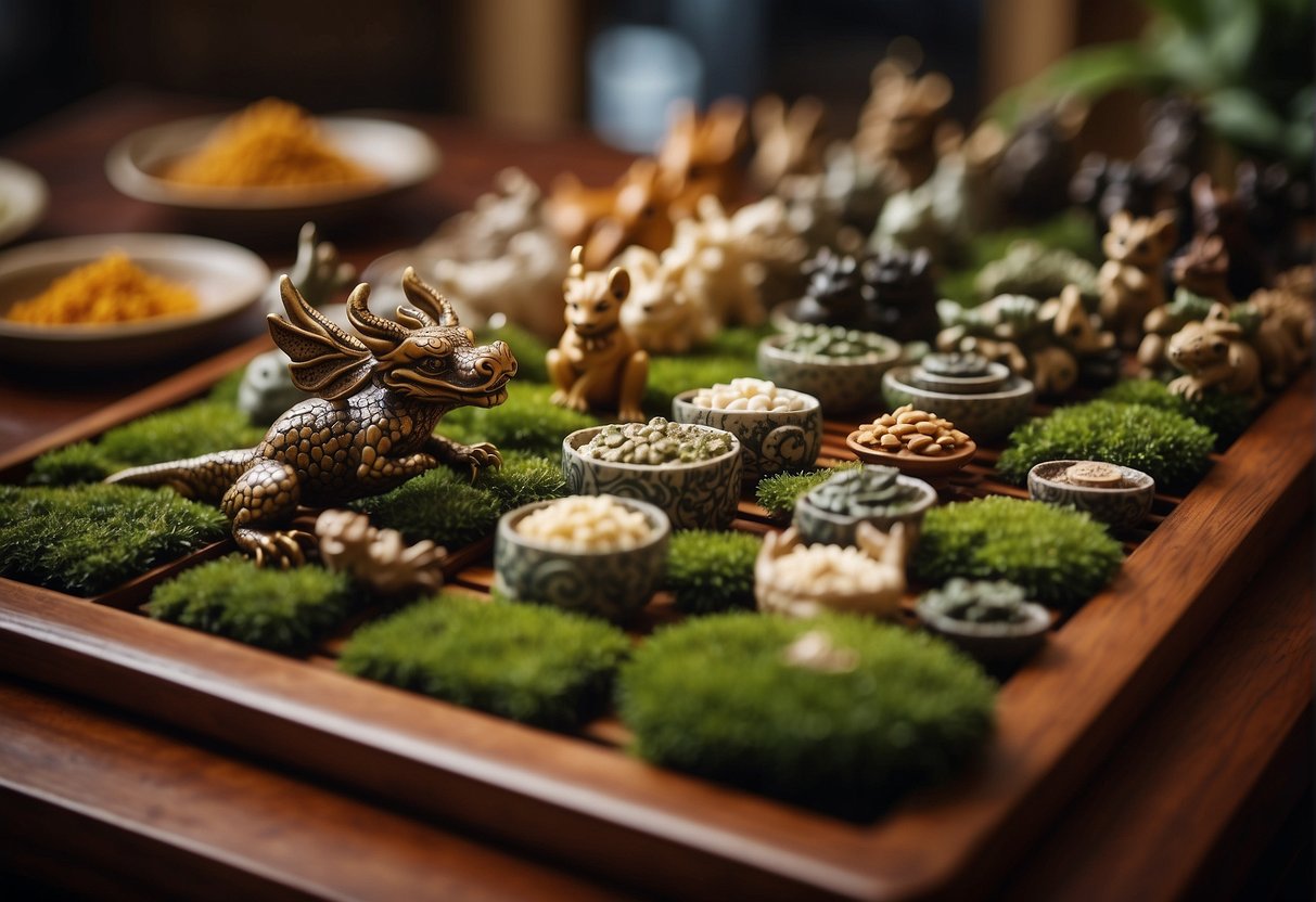 A variety of tea pets arranged on a wooden tea tray, including traditional Chinese animal shapes like dragons, toads, and lions