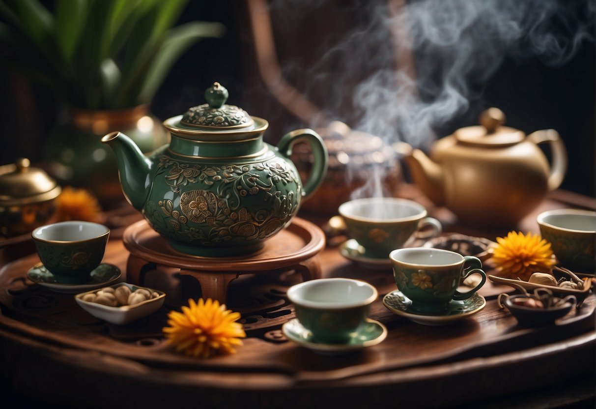 A tea pet sits on a tray, surrounded by steaming teacups and a teapot. It is adorned with offerings and surrounded by incense, representing a cherished ritual in Chinese tea culture