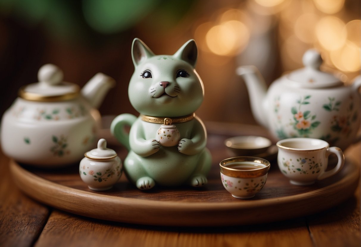A small clay figurine of a tea pet sits on a wooden tea tray, surrounded by teacups and a teapot. The pet is adorned with tea stains, a sign of regular use and care