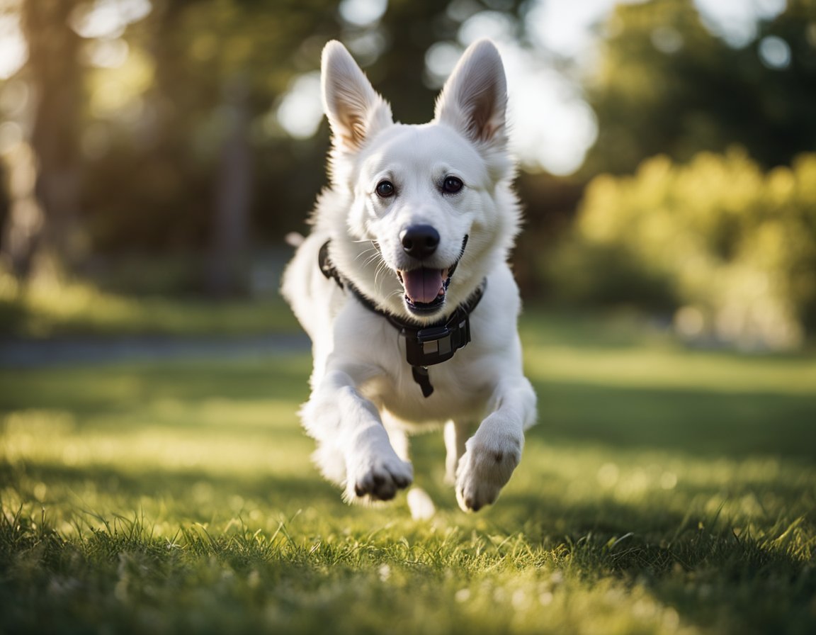 A dog runs freely within a yard, wearing a wireless invisible fence collar. As it approaches the boundary, it receives a gentle static correction, preventing it from crossing the invisible boundary line