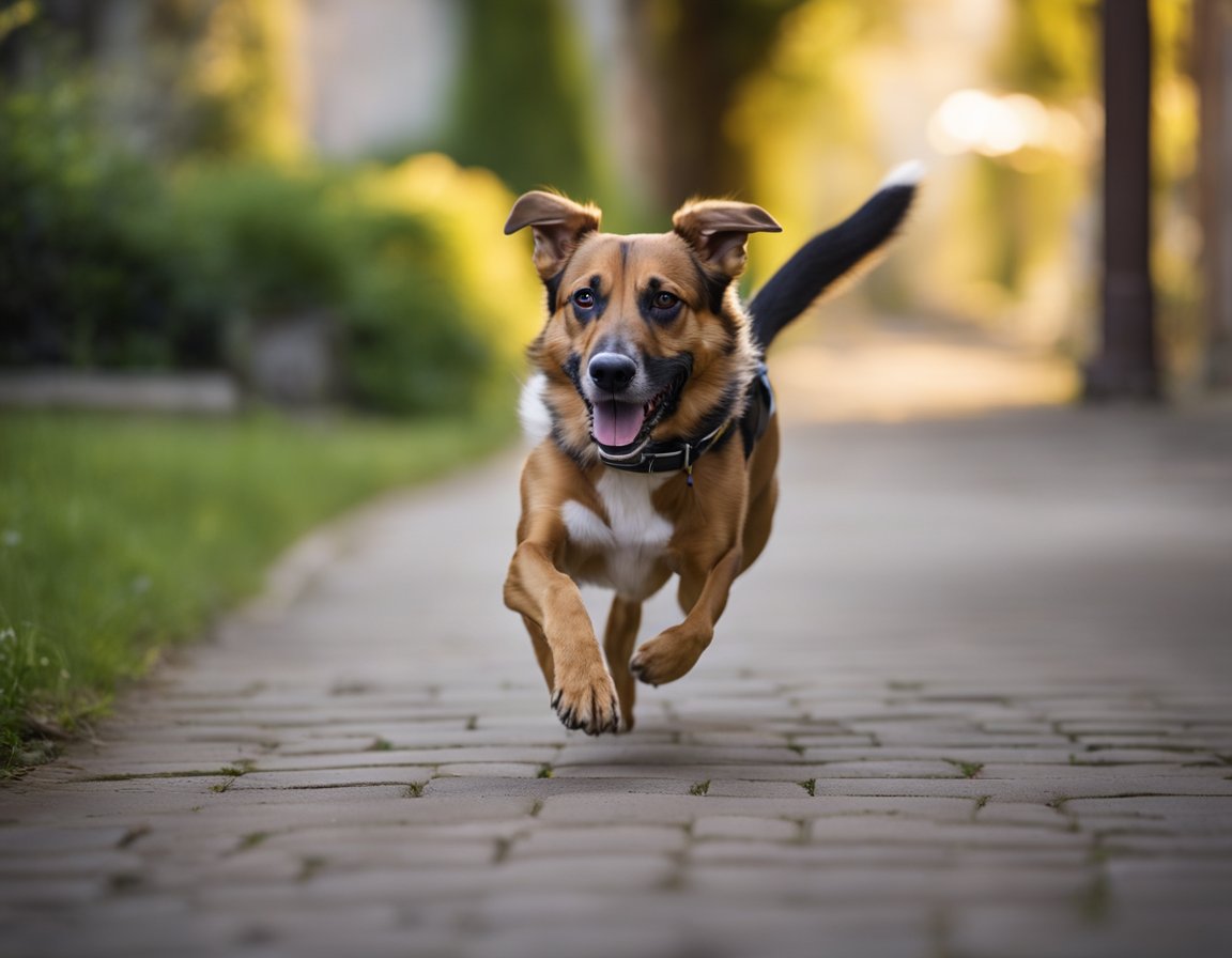 A dog runs freely within a yard. A hidden wire emits a signal, triggering the dog's collar to emit a warning sound or mild electric shock, preventing the dog from crossing the boundary