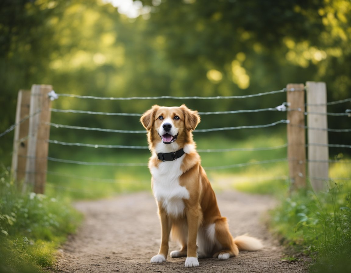 An invisible fence emits a signal to create a boundary for a dog. The dog wears a receiver collar that emits a warning tone or correction if it crosses the boundary