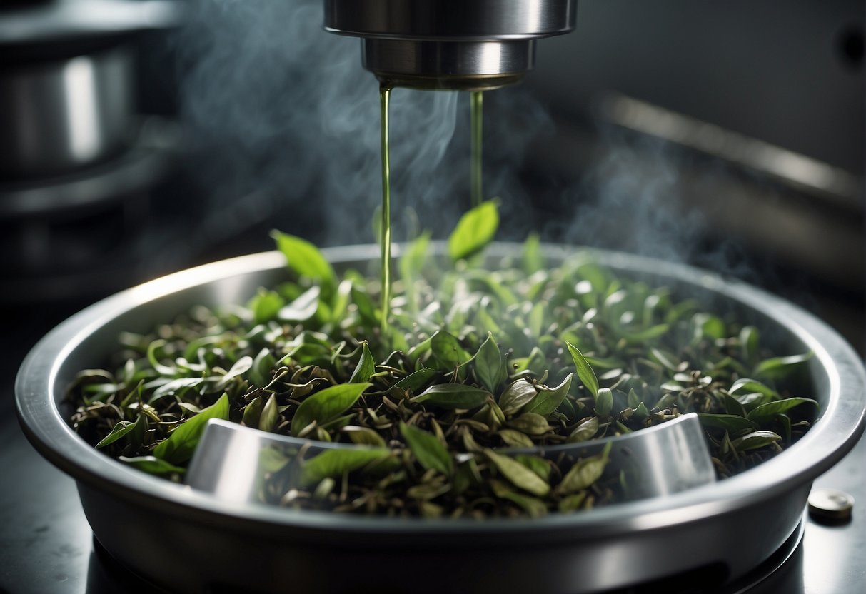Tea leaves soaking in a decaffeination solution, with a machine agitating the mixture. Steam rising from the process