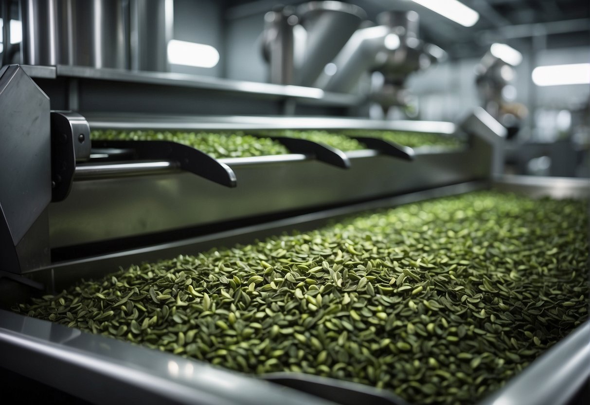 Tea leaves being processed in a decaffeination facility, with machinery and equipment used for the extraction process
