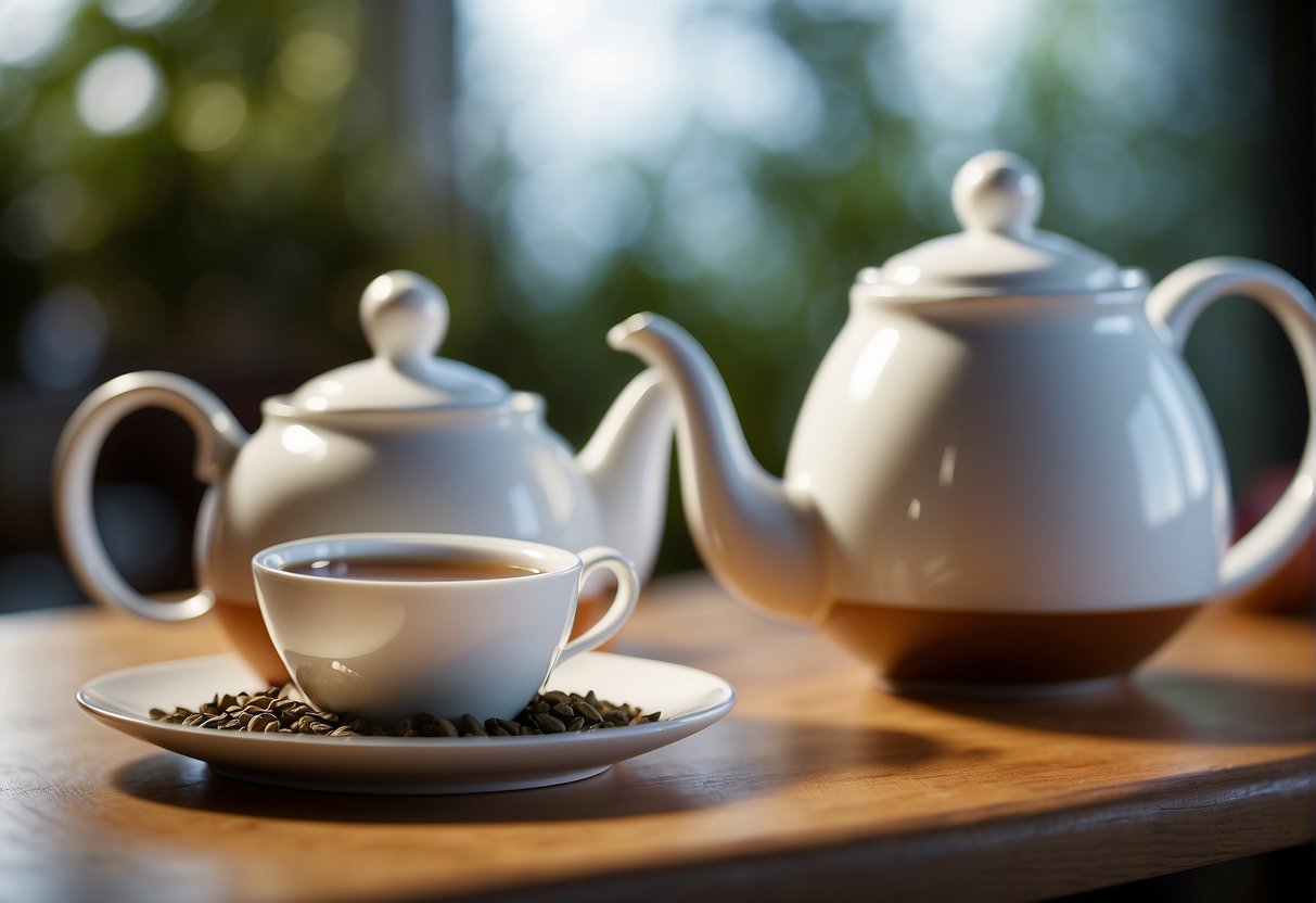 A teapot pours decaf tea into a cup, while a separate teapot pours regular tea. A small sign reads "Decaffeinated Tea vs Regular Tea" in the background