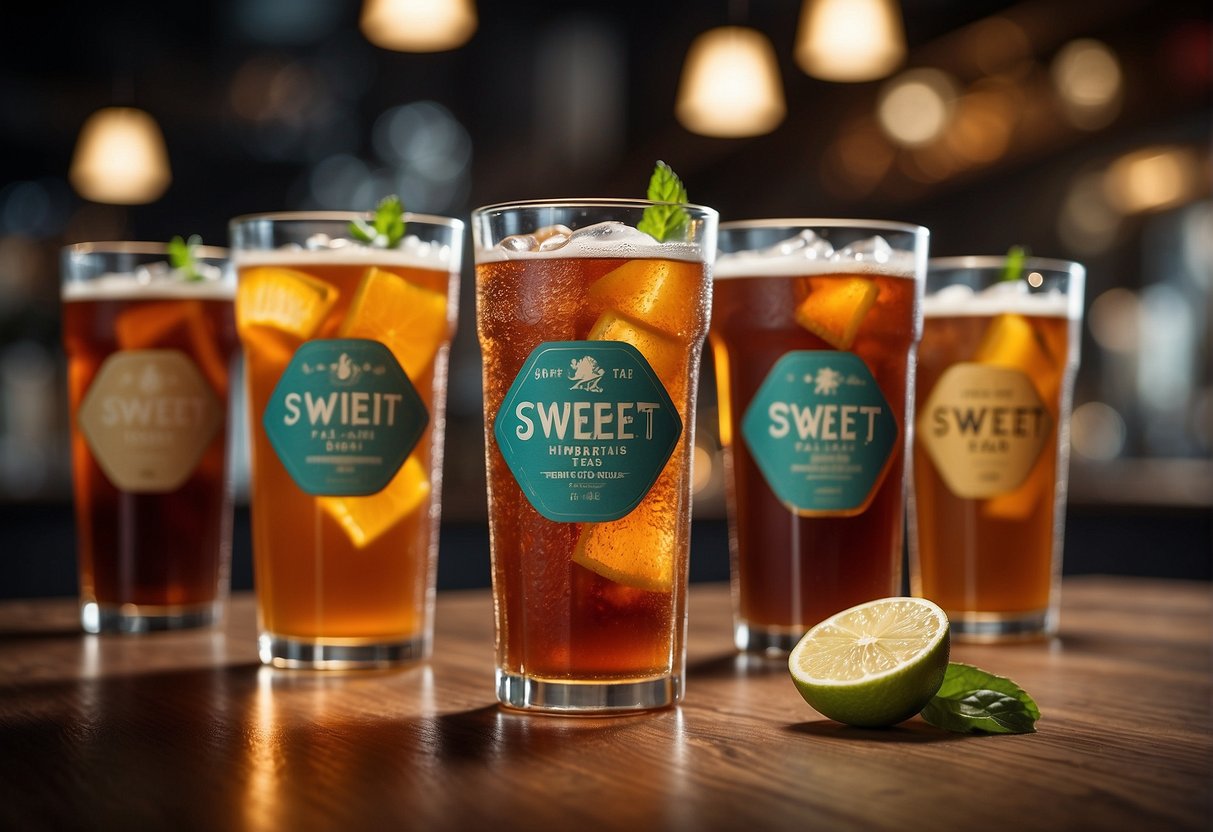 A glass of sweet tea next to other beverages, with a calorie count visible on each label