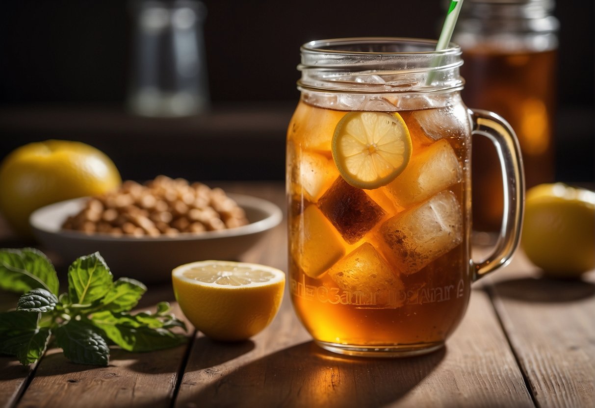 A glass of sweet tea with a nutrition label showing calorie count and health-related imagery
