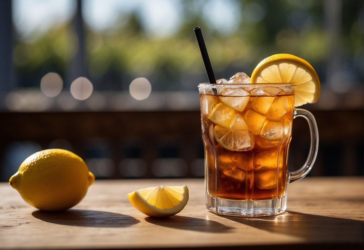 A glass of sweet tea with ice, a lemon wedge, and a straw on a table