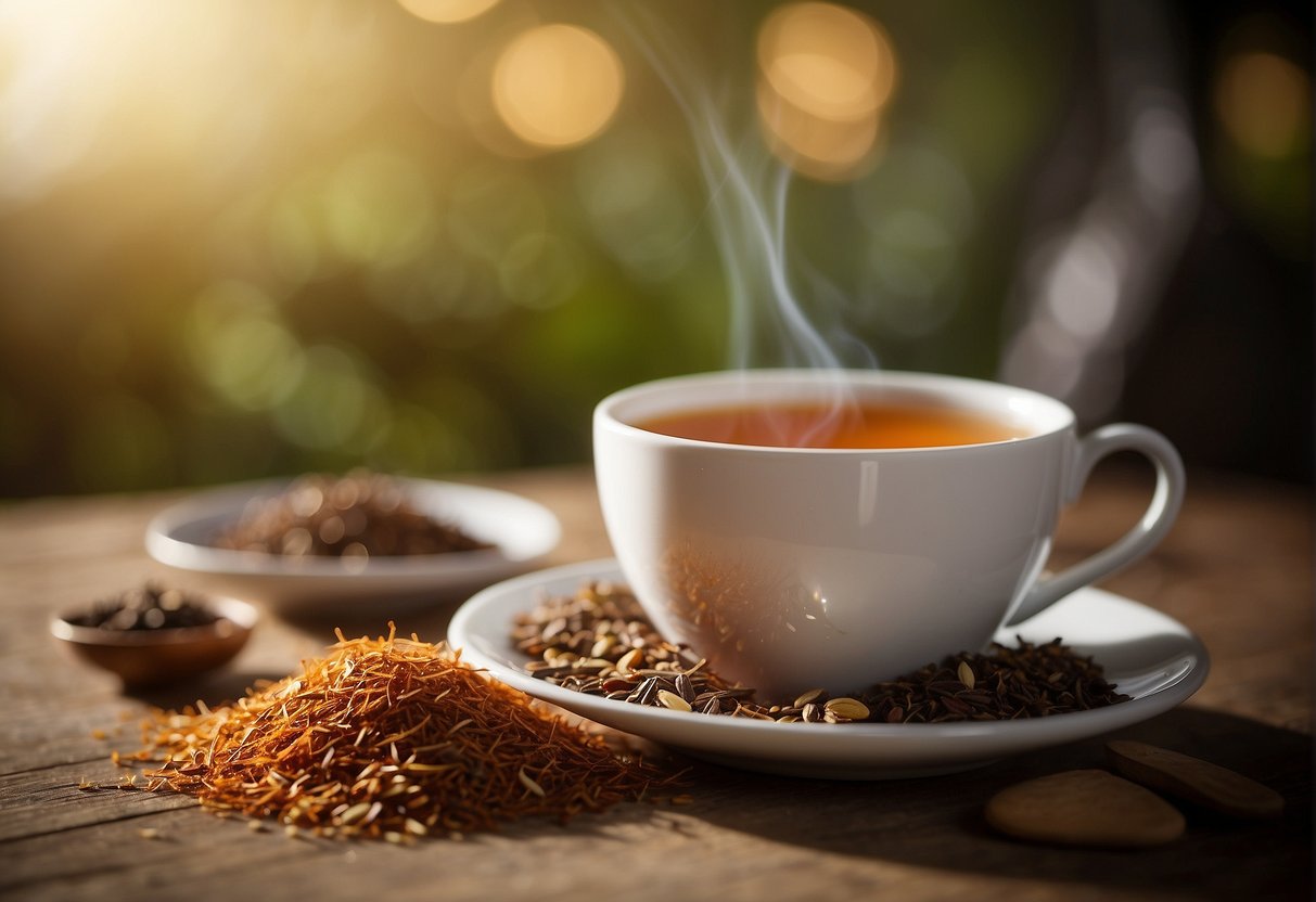 A cup of rooibos tea sits next to other teas. Its earthy, slightly sweet aroma fills the air, inviting a taste of nutty, smooth flavor