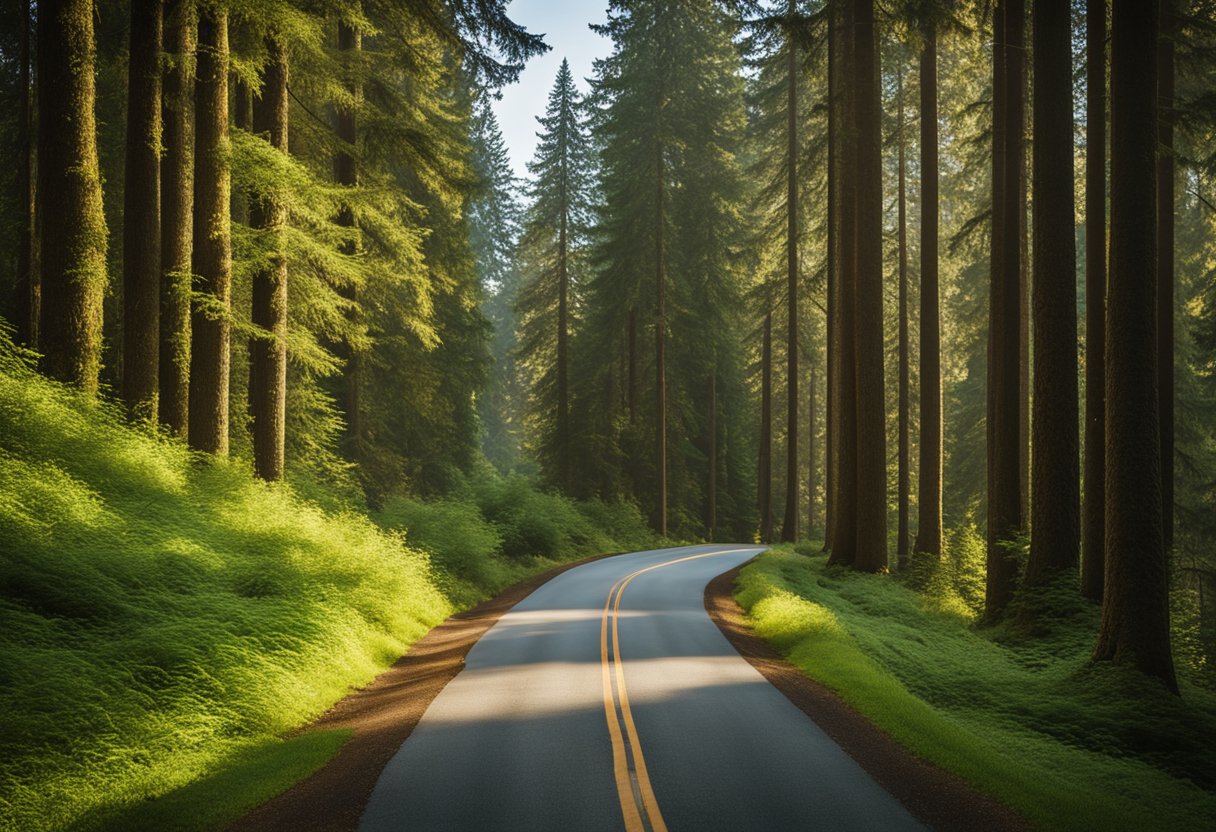 A winding road leads through lush green forests towards Sammamish, Washington. Tall trees line the route, with glimpses of the sparkling lake in the distance