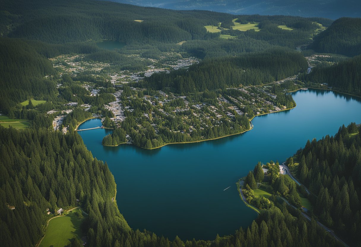 A map of Sammamish, Washington with roads and landmarks, surrounded by lush green forests and a serene lake in the background