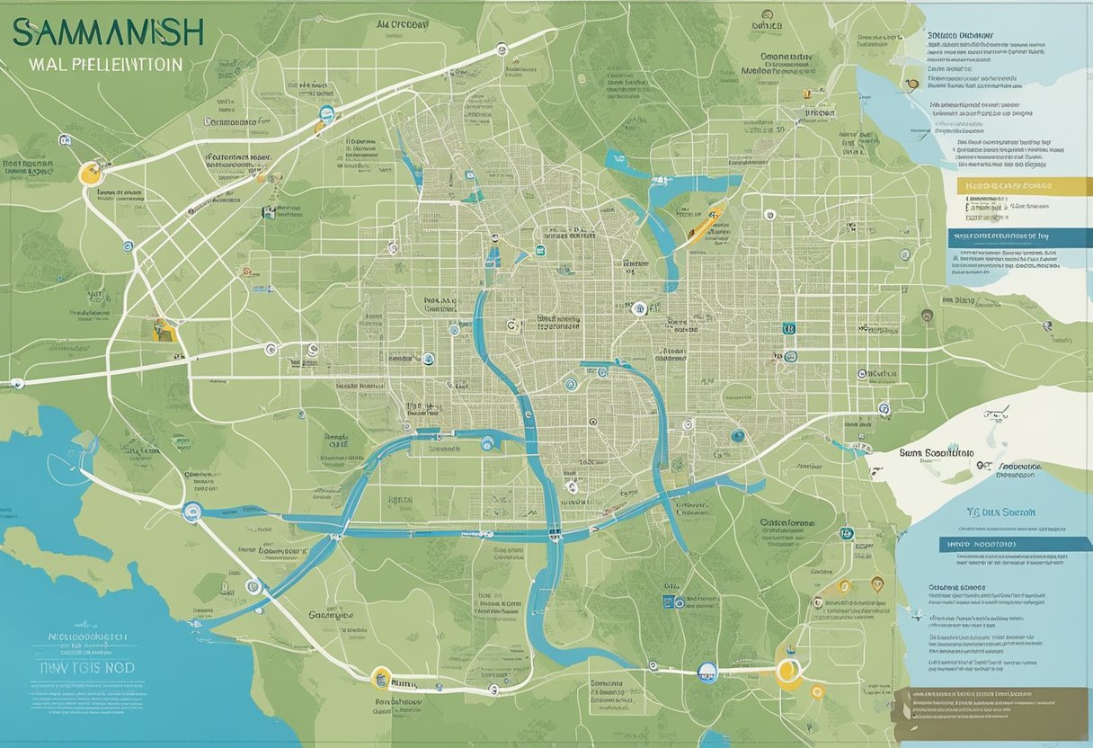 A map of Sammamish, Washington with various transportation options highlighted, including planes, trains, and automobiles. A calendar with dates circled indicating the planning process
