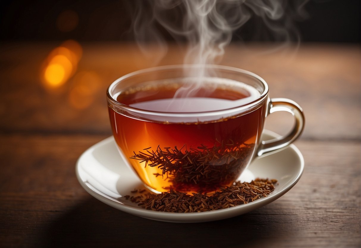 A steaming cup of rooibos tea sits on a wooden table, emitting a warm, earthy aroma. The rich red liquid swirls gently as steam rises, promising a smooth, slightly sweet flavor