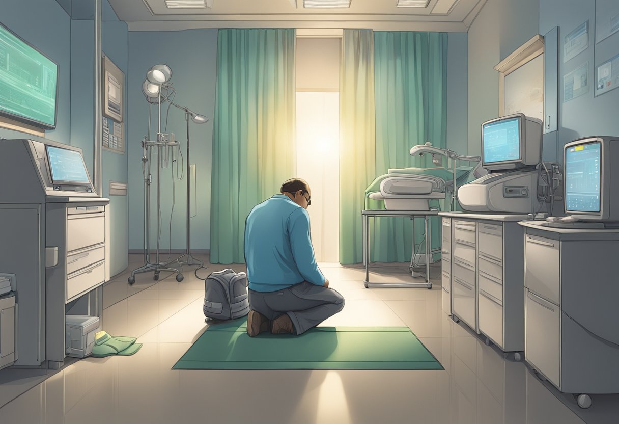 A figure kneels in a hospital room, head bowed in prayer, surrounded by medical equipment and the soft glow of monitors