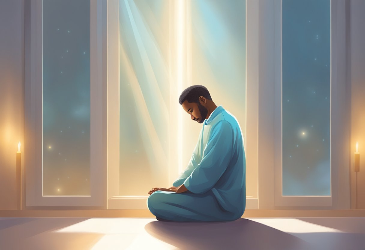 A person sits in a quiet room, eyes closed, hands folded in prayer. A soft glow surrounds them, representing the power of healing prayer for a loved one in the hospital
