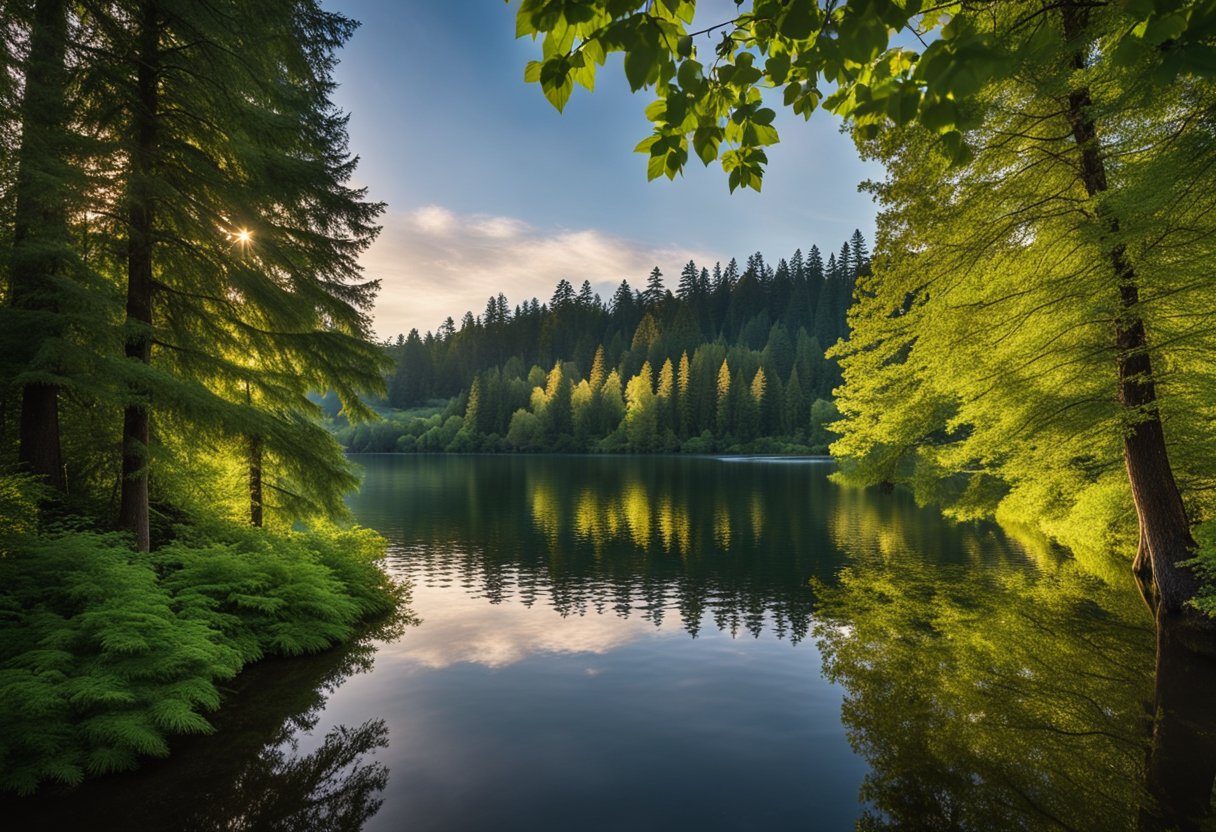Lush green trees surround a tranquil lake in Sammamish, Washington. The sun sets behind the cascading hills, casting a warm glow over the serene landscape