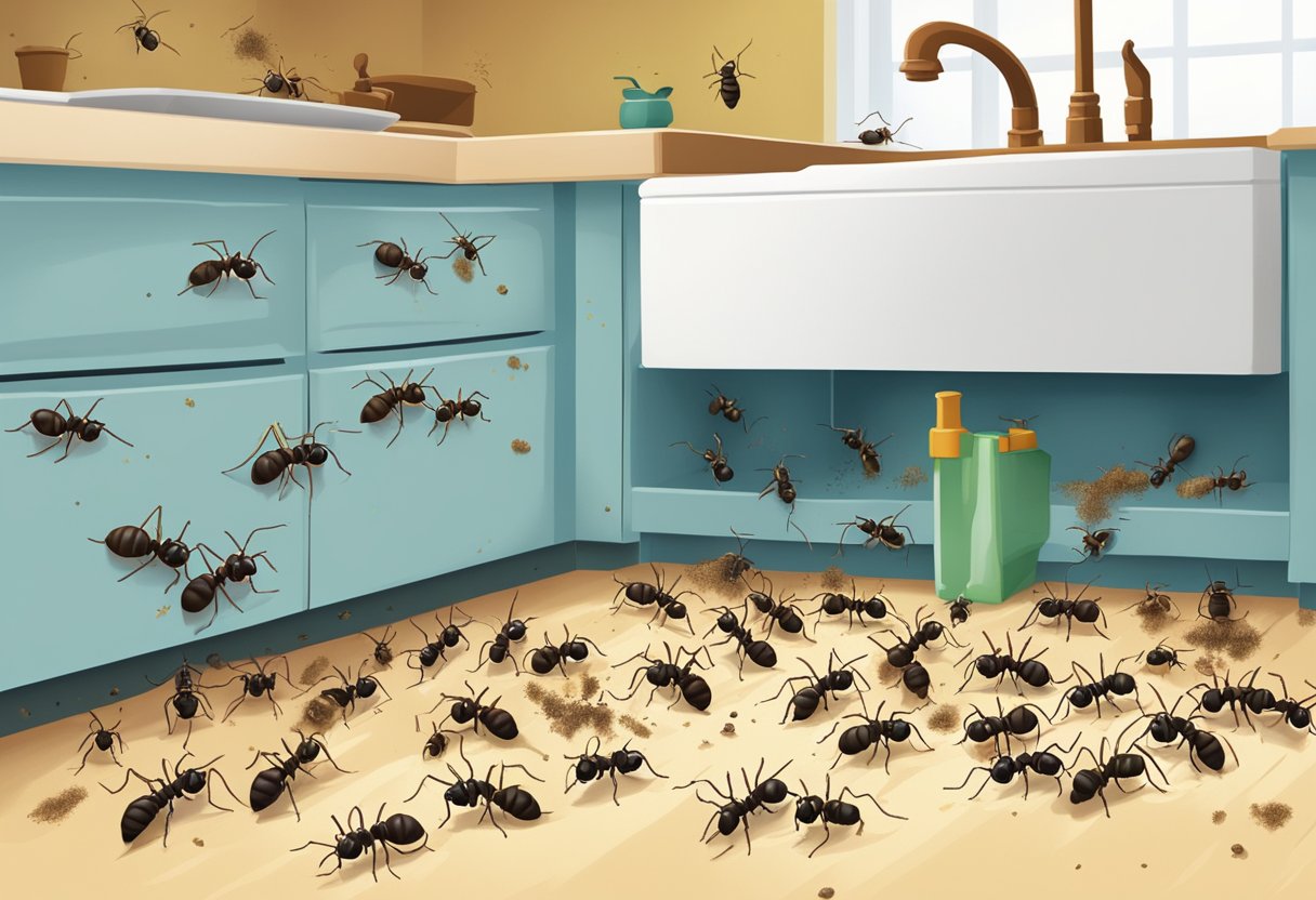A colony of ants scurrying through a kitchen, with a trail of crumbs leading to their nest under the sink