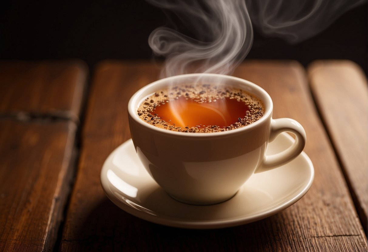 A steaming cup of rooibos tea sits on a wooden table, emitting a warm, inviting aroma. The rich red liquid swirls inside the mug, promising a smooth, earthy flavor with hints of sweetness