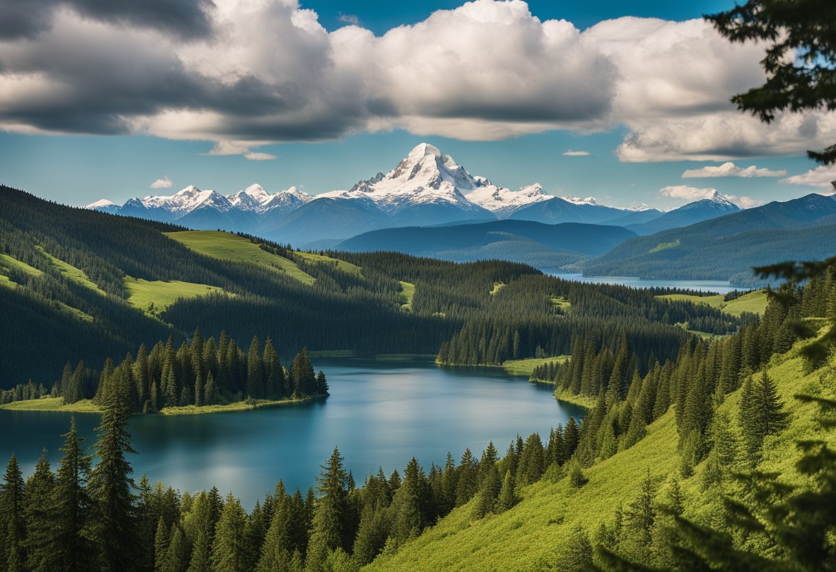 Rolling hills, lush greenery, and a tranquil lake under a clear blue sky, with the Cascade Mountains in the distance