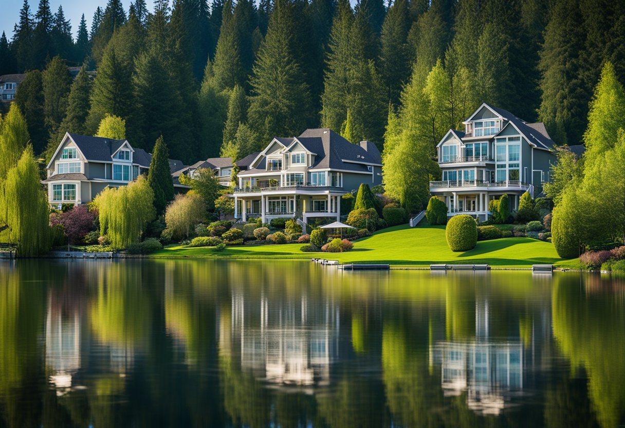 A picturesque suburban neighborhood in Sammamish, Washington, with modern houses, lush green lawns, and a serene lake in the background