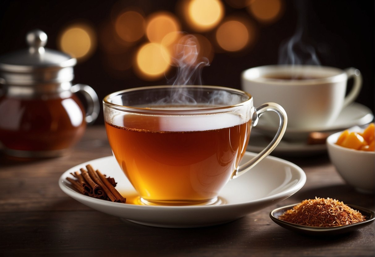 A steaming cup of rooibos tea sits next to a plate of assorted foods. The tea emits a warm, earthy aroma, while its flavor is smooth and slightly sweet with hints of vanilla and honey
