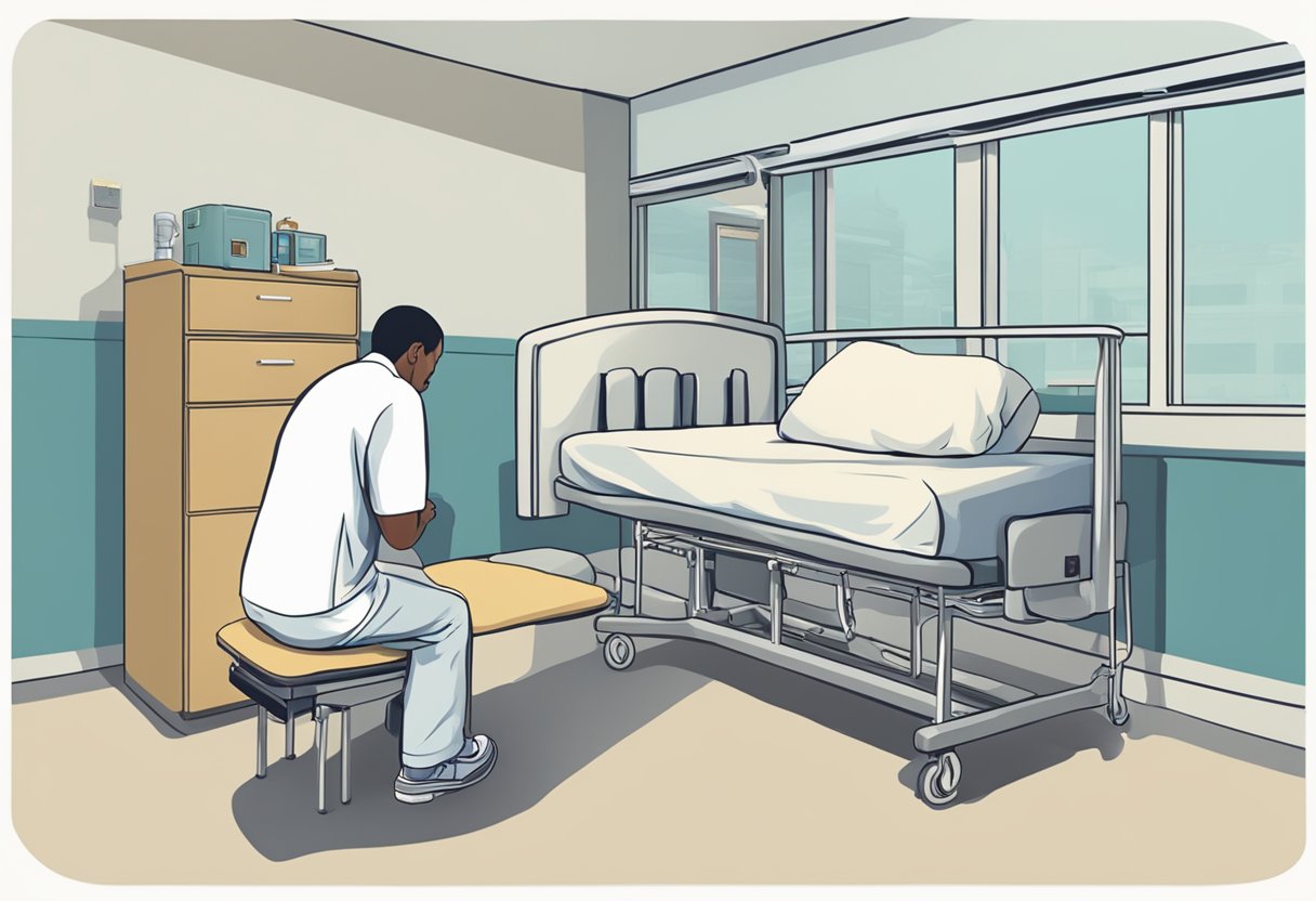 A person kneeling in prayer with a hospital bed in the background