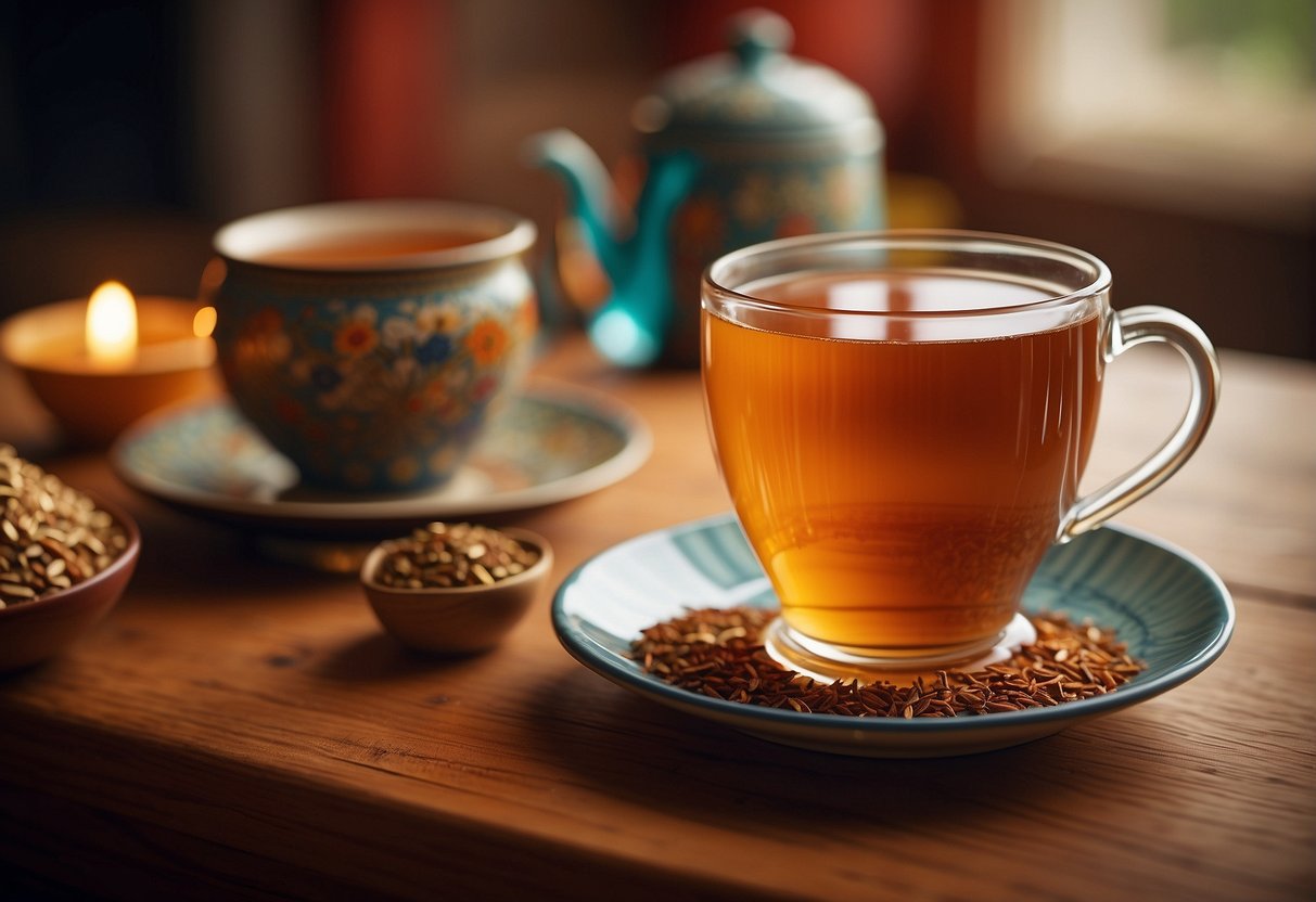 A warm, inviting cup of rooibos tea sits on a wooden table, surrounded by traditional South African artwork and vibrant colors. The rich, earthy aroma fills the air, evoking a sense of comfort and warmth