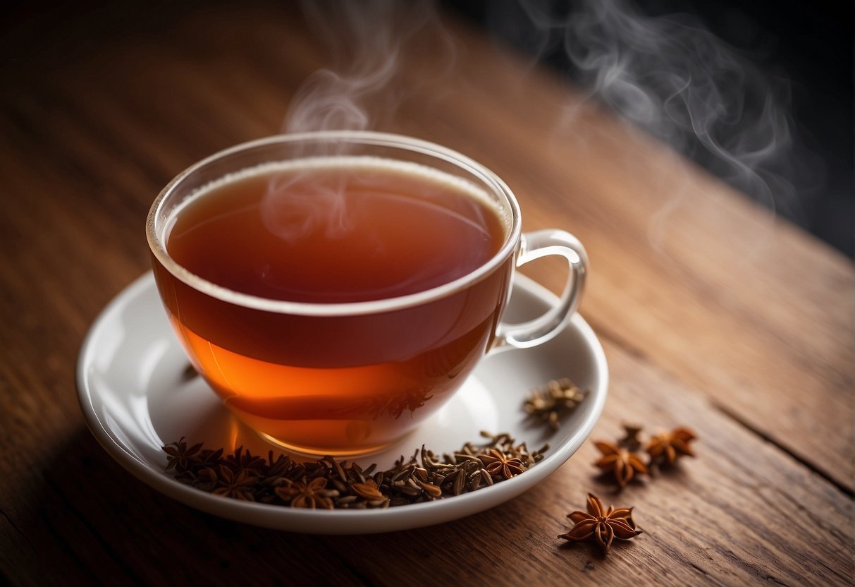 A steaming cup of rooibos tea sits on a wooden table, emitting a warm, earthy aroma. The rich red liquid swirls gently in the mug, inviting a sip