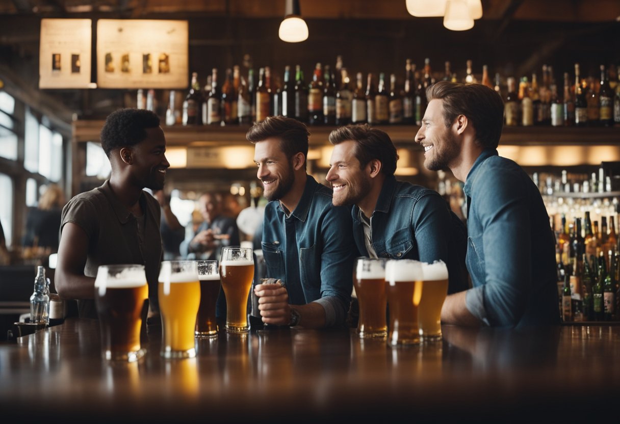 People gather in a bright, bustling airport bar, sipping and discussing various craft beers. The atmosphere is lively, with shelves of colorful beer bottles and taps lining the walls