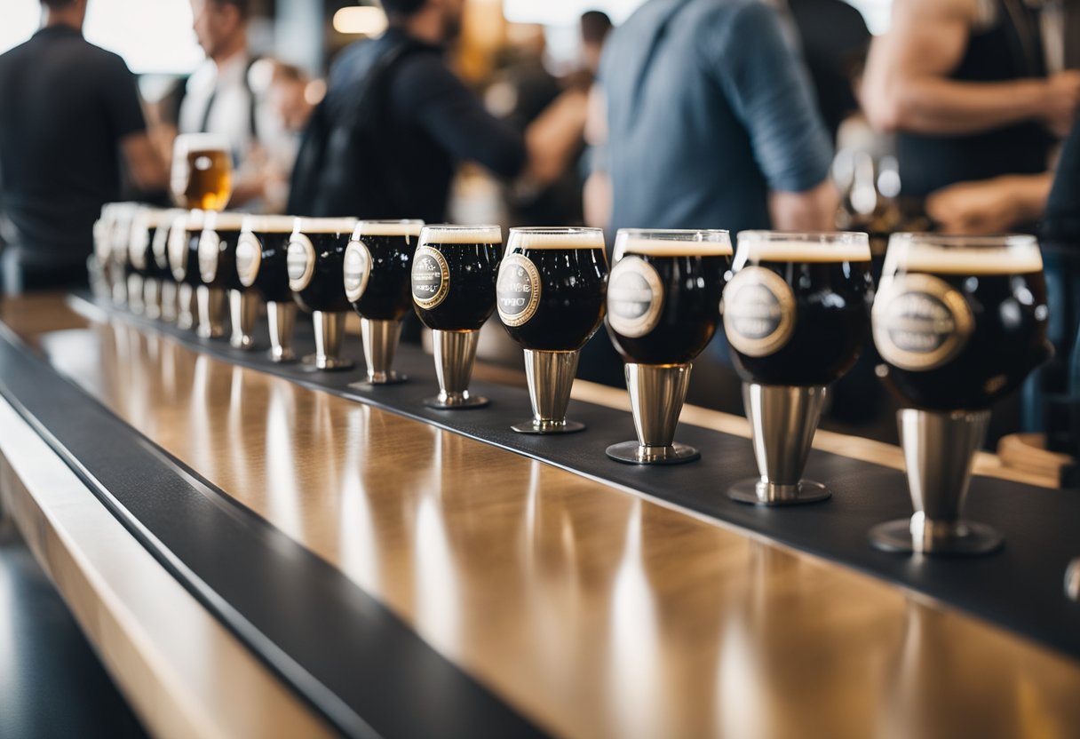 Craft beer tastings at Portland Airport: A row of taps, flight boards, and a bustling crowd of travelers sampling local brews