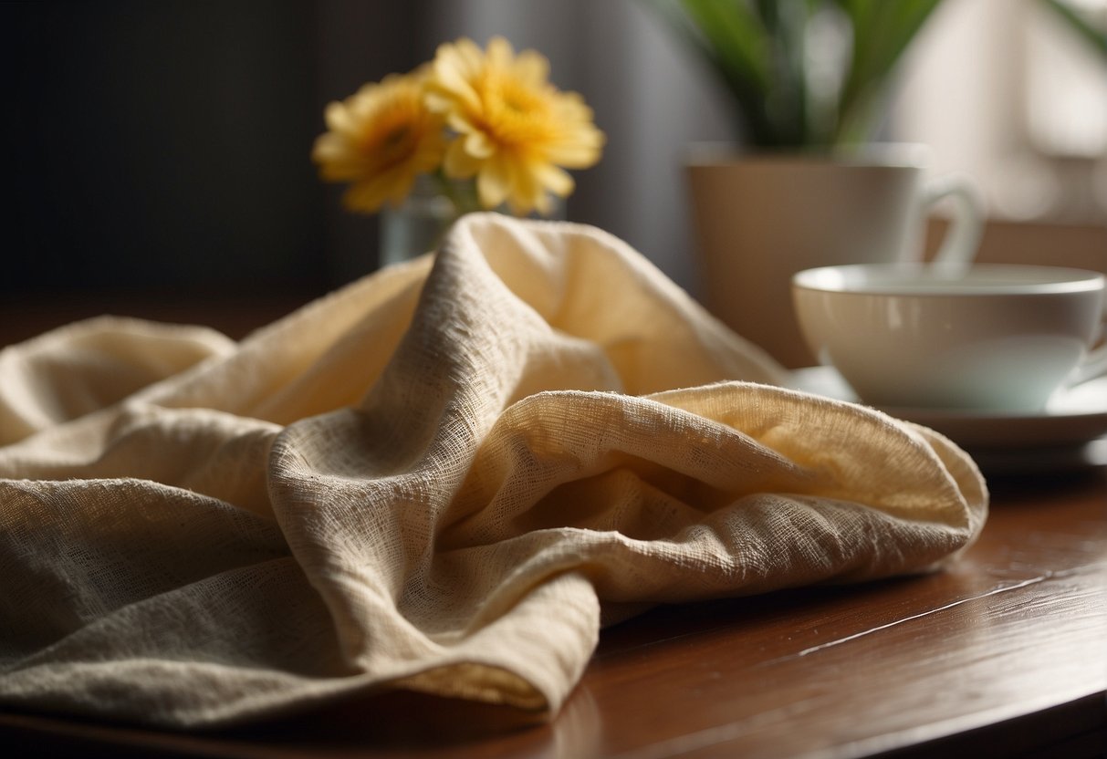 A damp cloth wiping a tea-stained fabric, followed by a gentle scrub with a stain remover