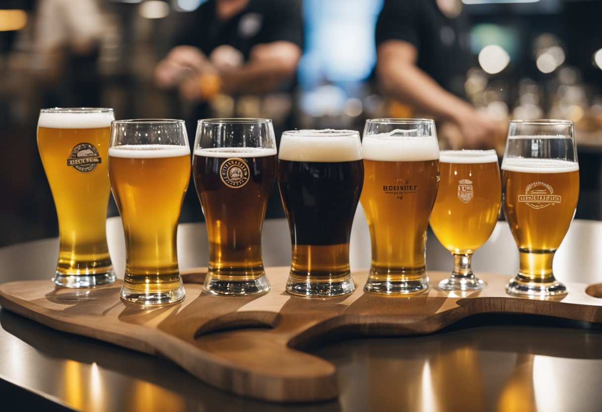 Craft beer tastings set up in Portland International Airport, with brewery logos displayed prominently