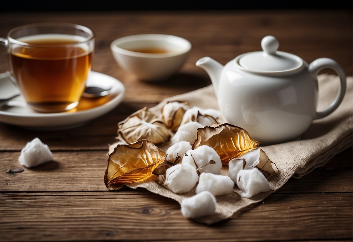 A white cotton shirt with a large tea stain on the front, surrounded by a few crumpled tea bags and a spilled cup of tea on a wooden table