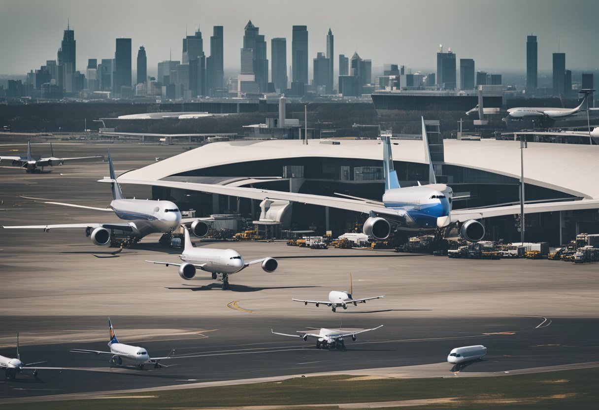 Busy airport with planes on tarmac, taxis waiting, and city skyline in the distance