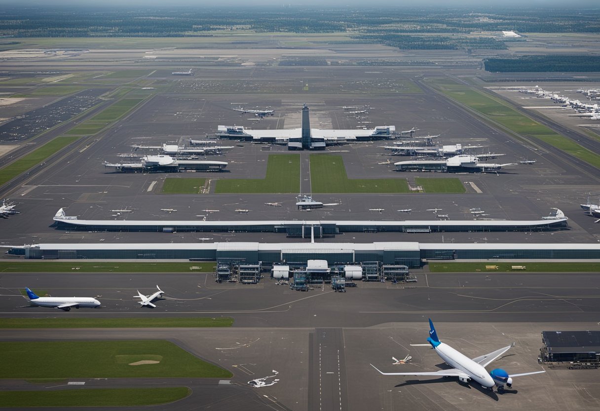 Aerial view of Schiphol Airport with planes on tarmac, surrounded by buildings and runways. City skyline in the distance