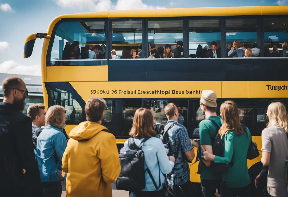 A group of tourists boards a colorful tour bus outside Schiphol Airport, ready to explore the vibrant city of Amsterdam