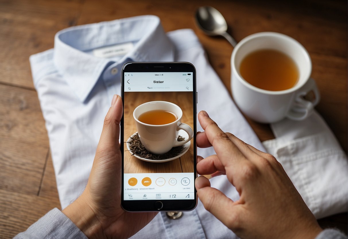 A spilled cup of tea on a white shirt, with a visible stain and a person looking up "how to remove tea stains from clothes" on a smartphone