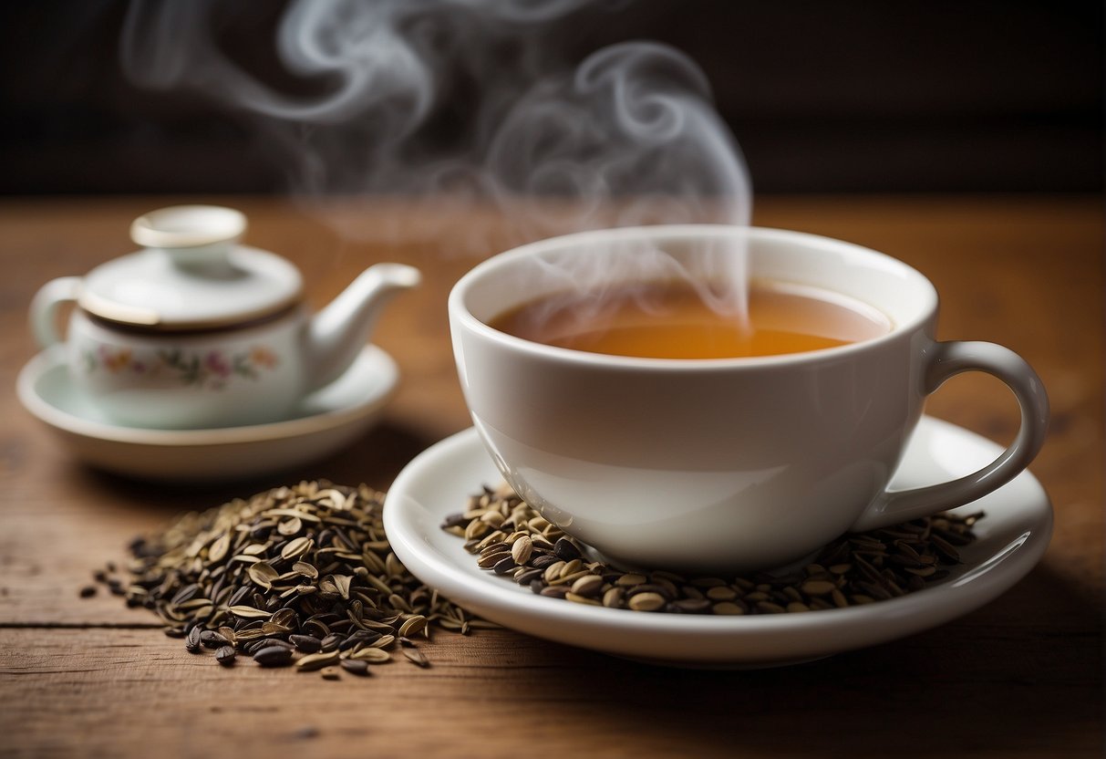 A steaming cup of hojicha sits on a wooden table, surrounded by loose tea leaves and a small teapot